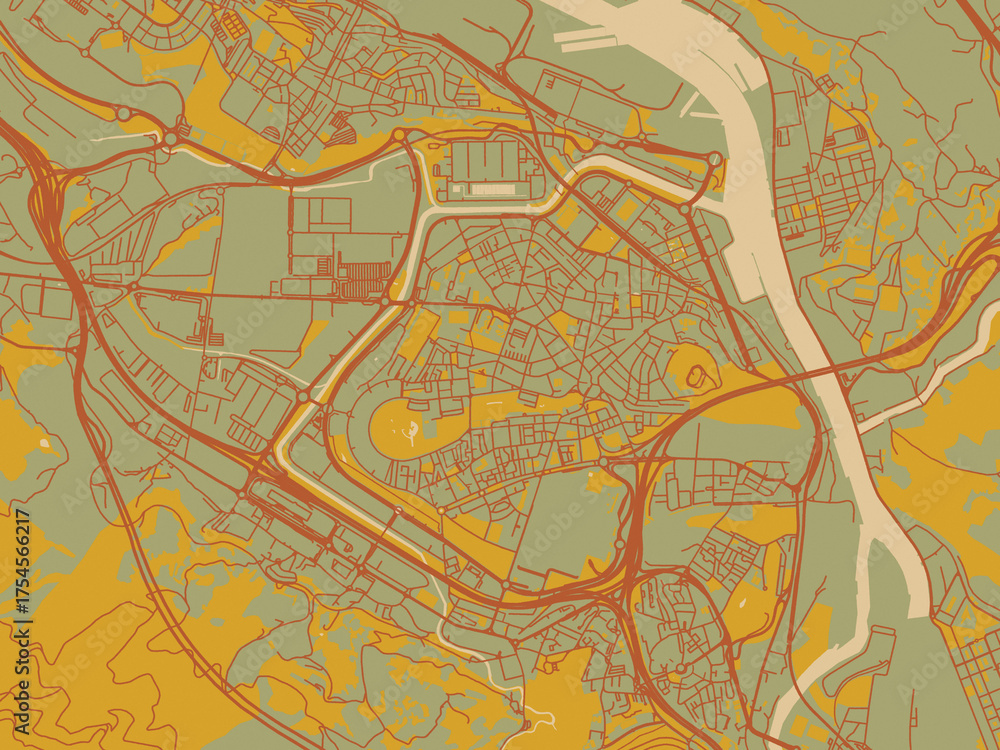 Obraz premium Vector-style flat map of Barakaldo, Spain with sage green ground with rust-red roads and ochre accents.