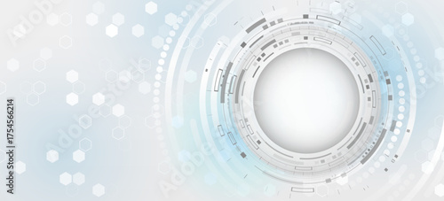 Futuristic white and gray technology background with circular digital elements and hexagon patterns. Modern tech concept for innovation, communication, or scientific design
