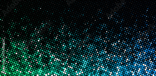 Green and blue halftone dots fade upward against a black background, creating a vibrant, futuristic texture with a digital edge.