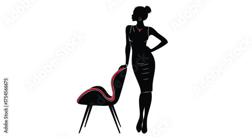 Silhouette of a confident woman in a black dress posing next to a modern chair with red accents.
