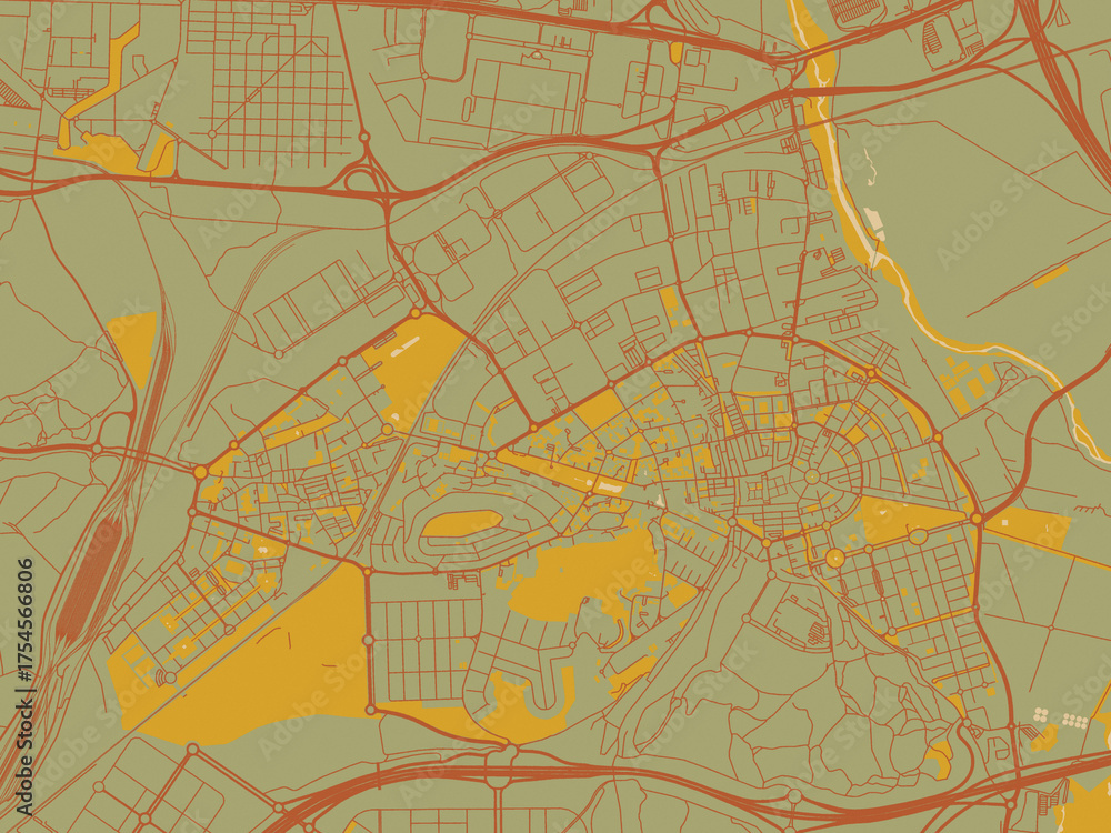 Obraz premium Flat painterly map of Coslada, Spain in sage/olive tone field with rust networks and ochre shapes, cream water.