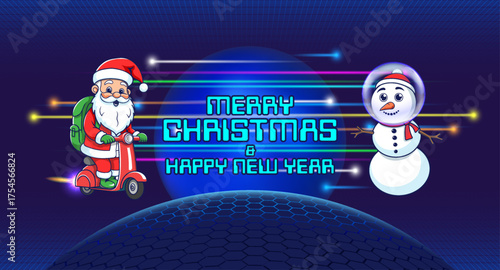 Vector cartoon of snowman and Santa Claus riding hyper red scooter in digital outer space. Bright rays, meteors, orbs and hexagonal hemisphere are featured. 3D holiday poster