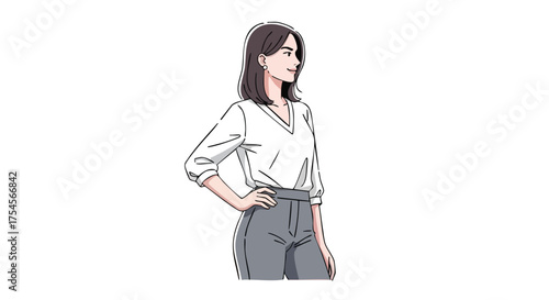 A young woman with short brown hair, wearing a white blouse and grey pants, stands confidently with one hand on her hip and looks to the side.