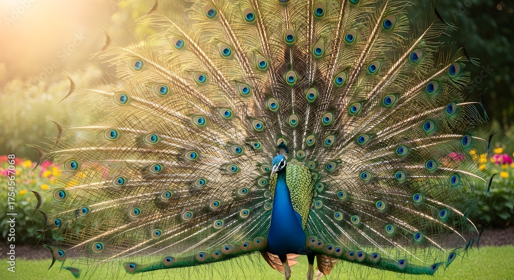 Obraz premium Beautiful peacock displaying feathers in garden wildlife nature bird photography stock image background art