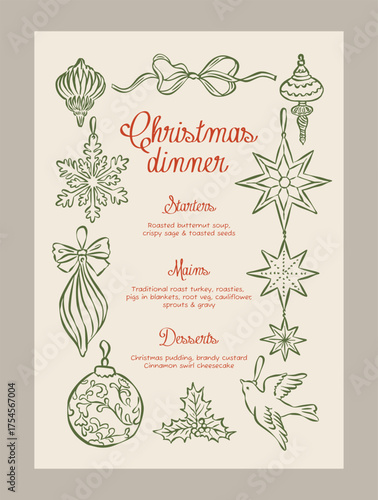 Elegant vector menu template with food doodles. Art for greeting cards, wedding invitations, postcards, branding, logo design.