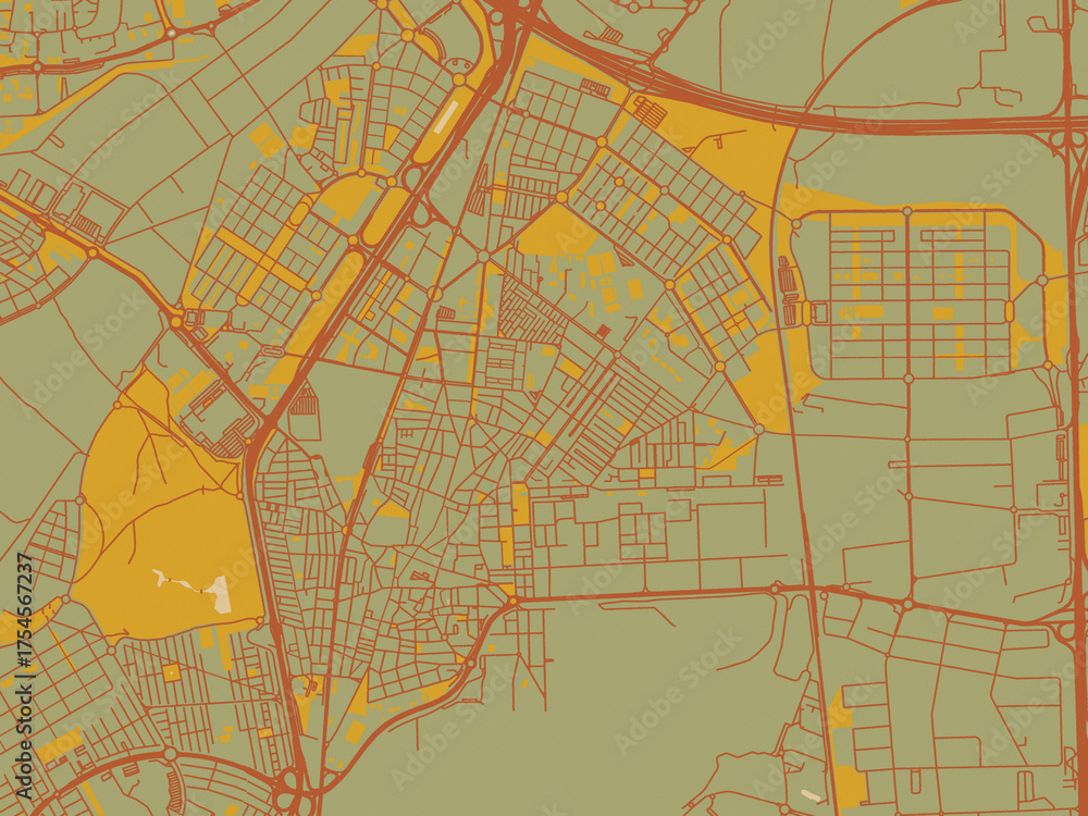 Naklejka premium Graphic flat color map of Getafe, Spain in muted sage base, rust-colored roads, and soft ochre highlights.