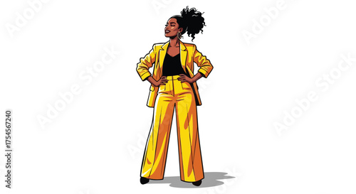 A confident Black woman in a stylish yellow pantsuit stands with her hands on her hips, looking upwards with a determined expression.