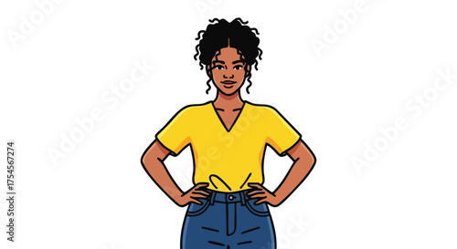 A young Black woman with curly hair stands confidently with her hands on her hips, wearing a yellow t-shirt and blue jeans against a white background.
