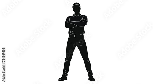 A full-body silhouette of a person standing with arms crossed against a white background.