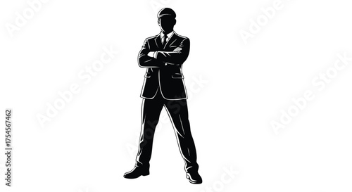 Silhouette of a confident businessman standing with arms crossed in a sharp suit.