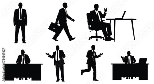 Collection of Silhouettes of Businessmen in Various Poses and Activities, Illustrating Professional Life and Office Scenarios.