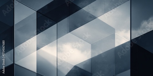 Corporate Glass Facade with Geometric Cloud Reflections in Modern Abstract Design