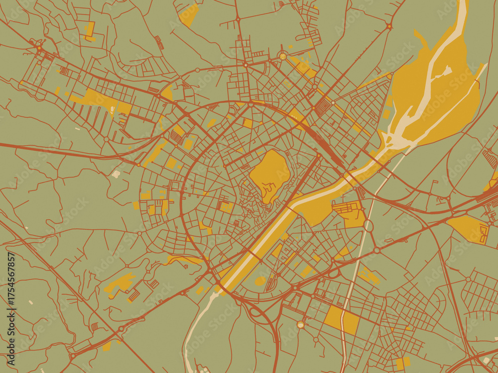 Naklejka premium Minimalist flat city map of Lleida, Spain with earthy sage background with rust roadways and ochre details.