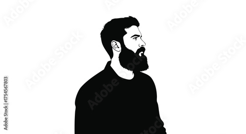 A minimalist black and white illustration of a man with a full beard, facing to the right.