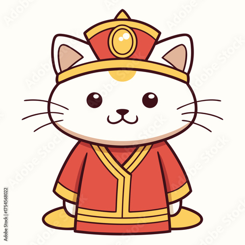 Charming cartoon white cat character adorned in ornate red and gold imperial traditional oriental attire, an adorable illustration depicting a regal feline ruler