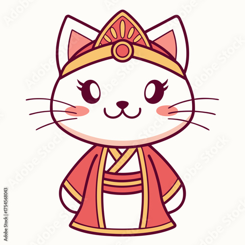 Cute cartoon royal cat wearing a regal red and gold outfit and crown, 2D illustration