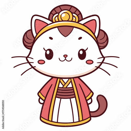 A kawaii cartoon cat dressed as a majestic empress in traditional Asian royal attire, isolated on a white background for design