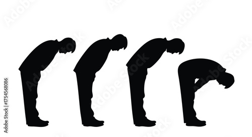 Silhouette of a man bowing in progressive stages, illustrating a deep bow or a gesture of respect.