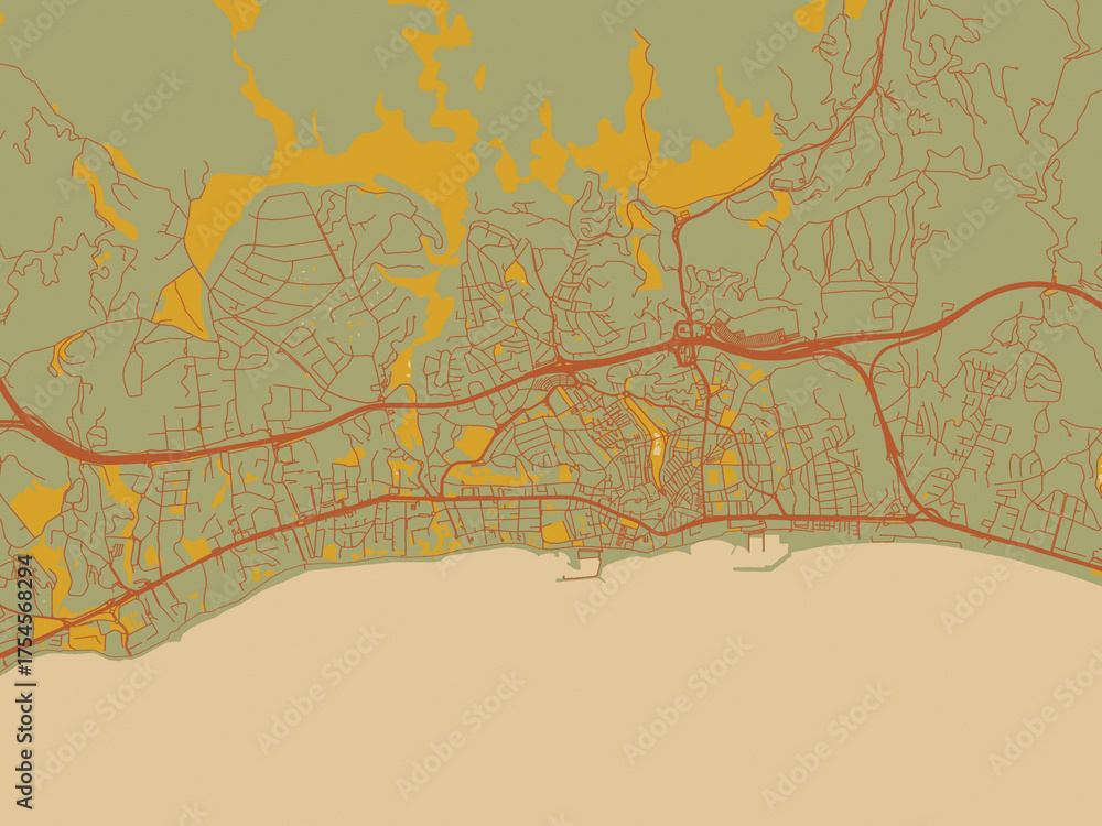 Obraz premium Modern flat map poster of Marbella, Spain in sage green ground with rust-red roads and ochre accents.