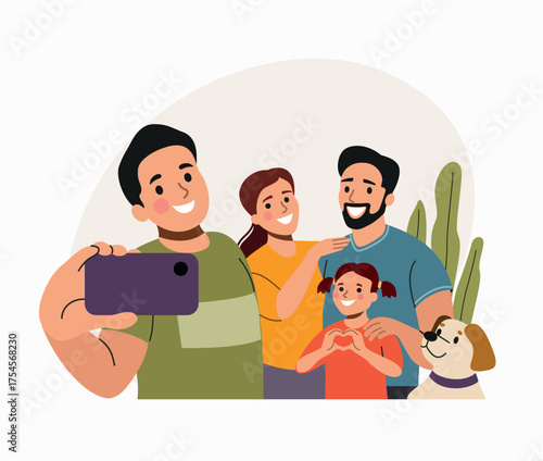 Mother and father with children and dog taking selfie isolated. Vector flat style illustration