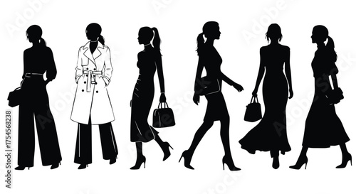 A collection of diverse female fashion silhouettes showcasing elegant attire and accessories, presented in a striking black and white graphic style.