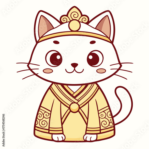 Cute cartoon white cat wearing a golden traditional costume, illustration of a regal feline in royal attire, digital art