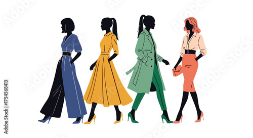 Four stylish women in silhouette, showcasing diverse fashion outfits and elegant poses, walking together against a white background.