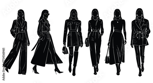 A collection of six black silhouette fashion illustrations of women in elegant outfits, showcasing diverse styles and accessories.