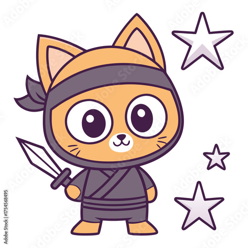 Adorable Cartoon Feline Ninja Warrior Character with a Sword and Shurikens, Ready for Playful Adventure. Cute Mascot Illustration Capturing Stealthy Fun and Action