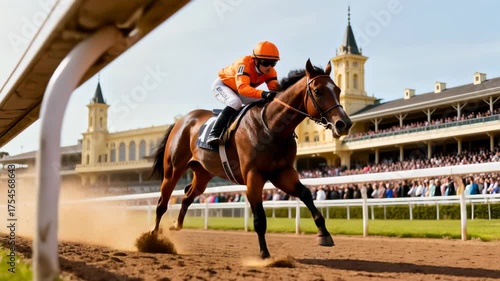 Jockey riding a racehorse at full speed on a dirt track during a competitive horse racing event.