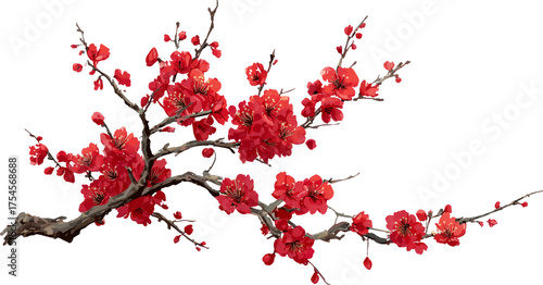 Serene red plum blossom flower branch with asian aesthetic style