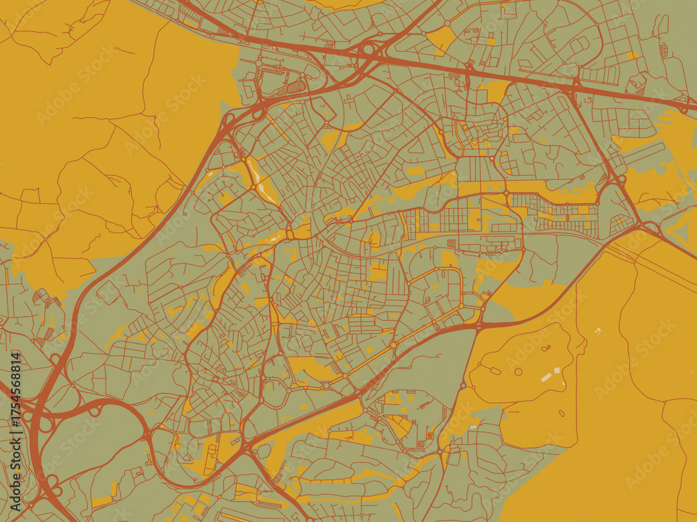 Fototapeta premium Poster-ready flat map of Pozuelo de Alarcon, Spain, earthy sage background with rust roadways and ochre details.