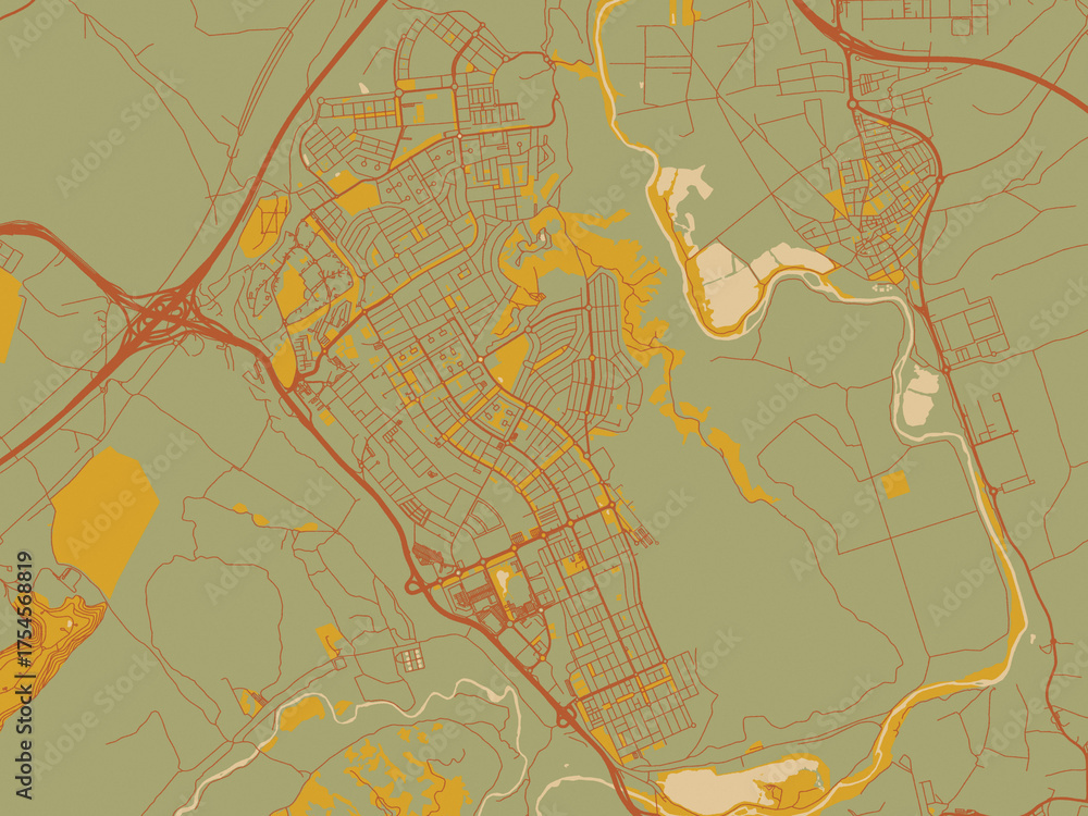 Obraz premium Decorative flat city map of Rivas Vaciamadrid, Spain using olive backdrop with warm rust street network and ochre blocks.