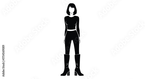 A full-body silhouette of a woman wearing a crop top, leggings, and knee-high boots.