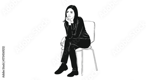 A black and white sketch of a woman in a hijab sitting thoughtfully on a chair.