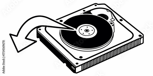 Illustration of a hard drive with a black disk and an arrow pointing down towards the disk drive area