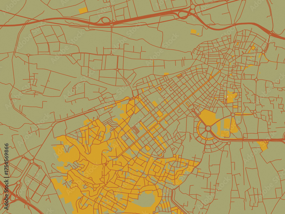 Obraz premium Minimalist flat city map of Torrent, Spain with sage/olive tone field with rust networks and ochre shapes, cream water.
