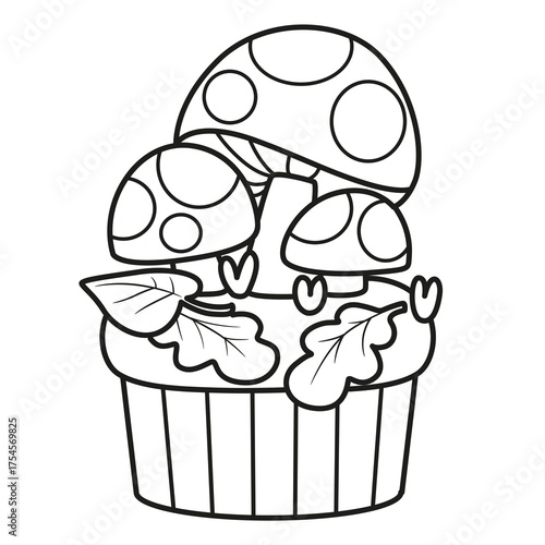 Biscuit cake with Halloween poisonous fly agaric mushrooms decoration outline for coloring page on white background