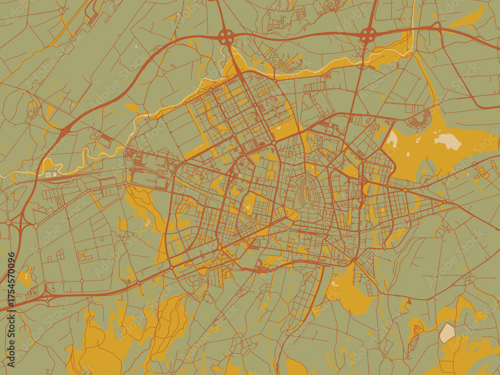 Obraz premium Graphic flat color map of Vitoria, Spain in olive backdrop with warm rust street network and ochre blocks.