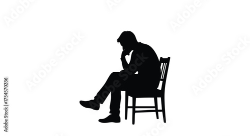 Silhouette of a man sitting on a chair with his hand on his chin, appearing to be in deep thought.