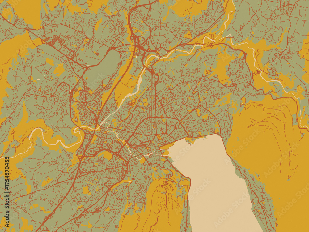 Fototapeta premium Graphic flat color map of Annecy, France in earthy sage background with rust roadways and ochre details.