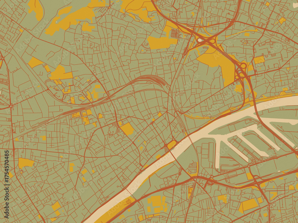 Obraz premium Minimalist flat city map of Argenteuil, France with earthy sage background with rust roadways and ochre details.