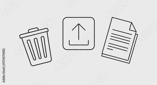 A minimalist graphic illustration featuring three outline icons: a trash can, an upload symbol within a square, and a document with text.
