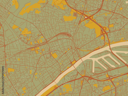 Fototapeta Minimalist flat city map of Argenteuil, France with earthy sage background with rust roadways and ochre details