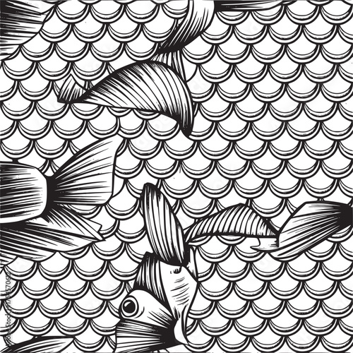 Vector art of fish scales and fins pattern in vintage style