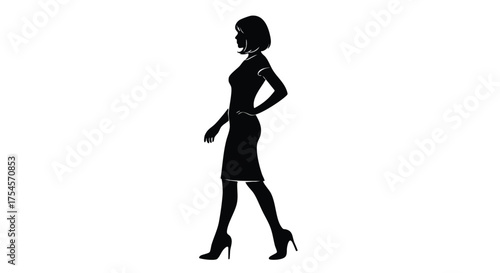Silhouette of a confident woman in a dress and high heels walking with her hand on her hip.