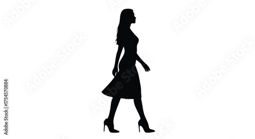 Silhouette of a woman in a dress and high heels walking confidently against a white background.
