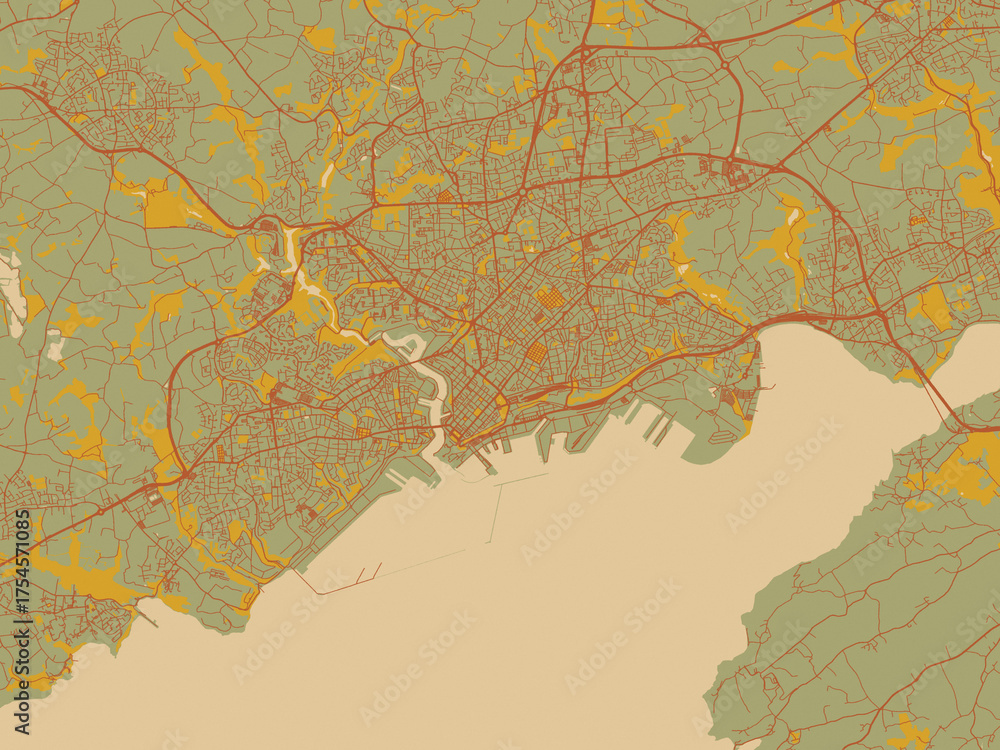 Fototapeta premium Graphic flat color map of Brest, France in olive backdrop with warm rust street network and ochre blocks.