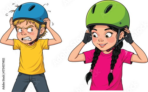 Children adjusting helmets, cartoon safety scene, playful vs frustrated behavior, expressive emotion contrast, protective gear moment, gloves and helmet illustration
