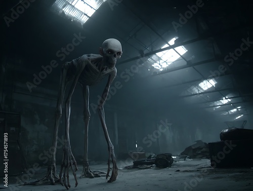 A gaunt and terrifying creature lurks in the misty, desolate expanse of an abandoned industrial warehouse.